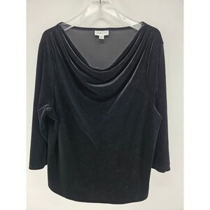 Coldwater Creek Black Velvet Cowl Neck Top Womens XL 3/4 Sleeve Stretch Softgirl